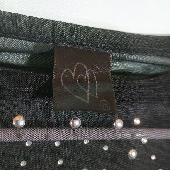 Black Sheer Rhinestone Mesh Top Long Sleeve Sparkly Party Blouse - Picture 3 of 5